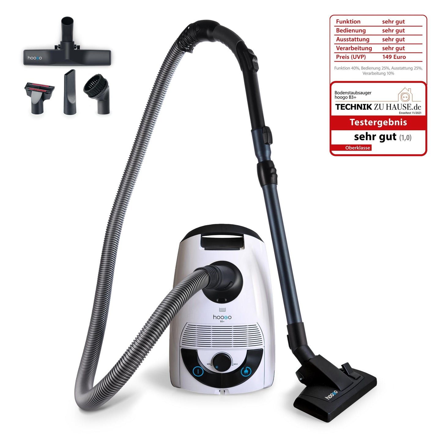 hoogo B3+ Staubsauger mit Beutel | Starke 850 W Saugleistung | HEPA 14 Filter | 11m Radius | nur 74 db(A) | 3 L Kapazität | Verschiedene Bodendüsen