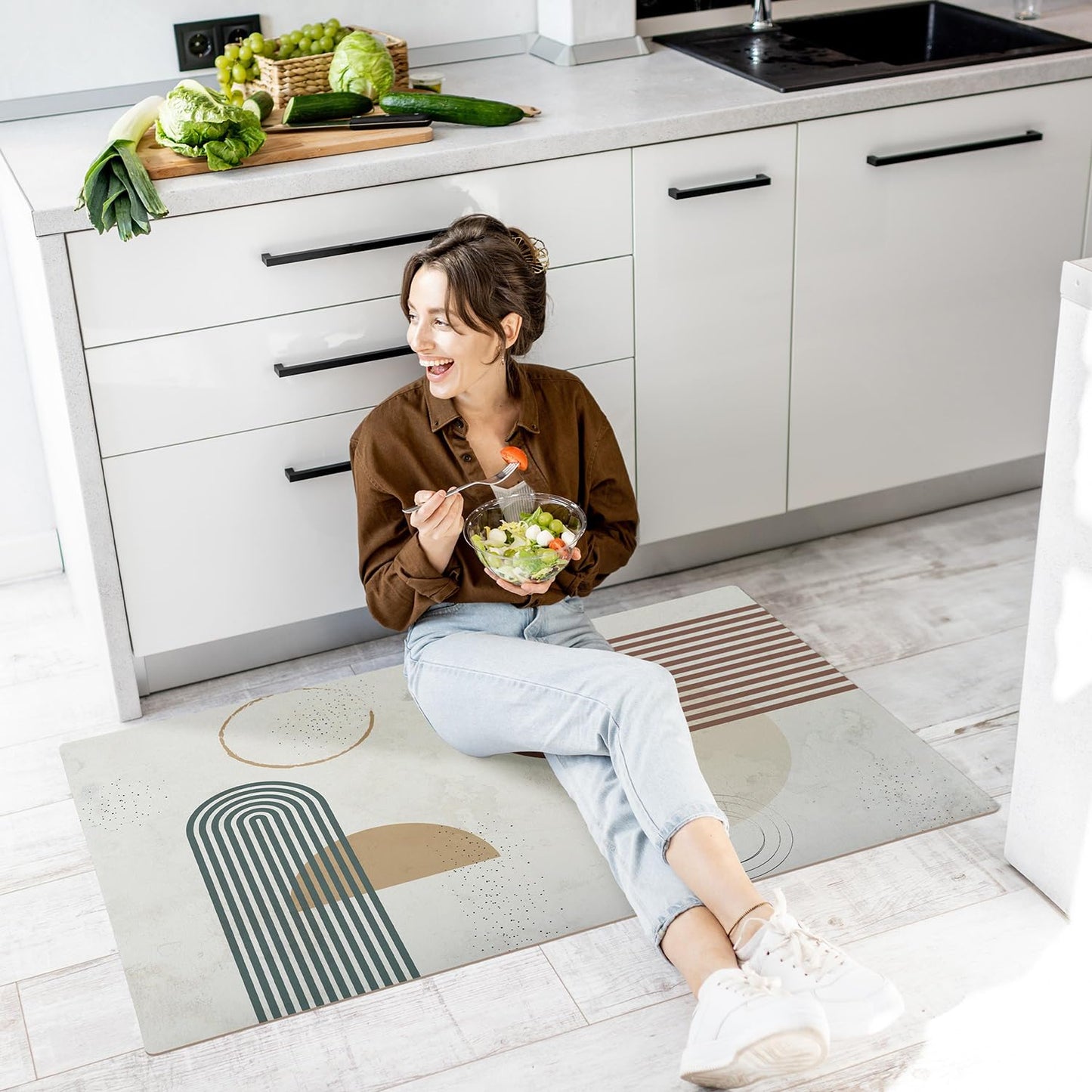 murando - Vinyl Teppich 90x60 cm - PVC Küchenteppich für Wohnzimmer Schlafzimmer Outdoor Läufer Küche Vinylteppich Dünn rutschfest Balkonteppich Design Abstrakt Beige Helle Farbe Boho n-A-1387-bi-a