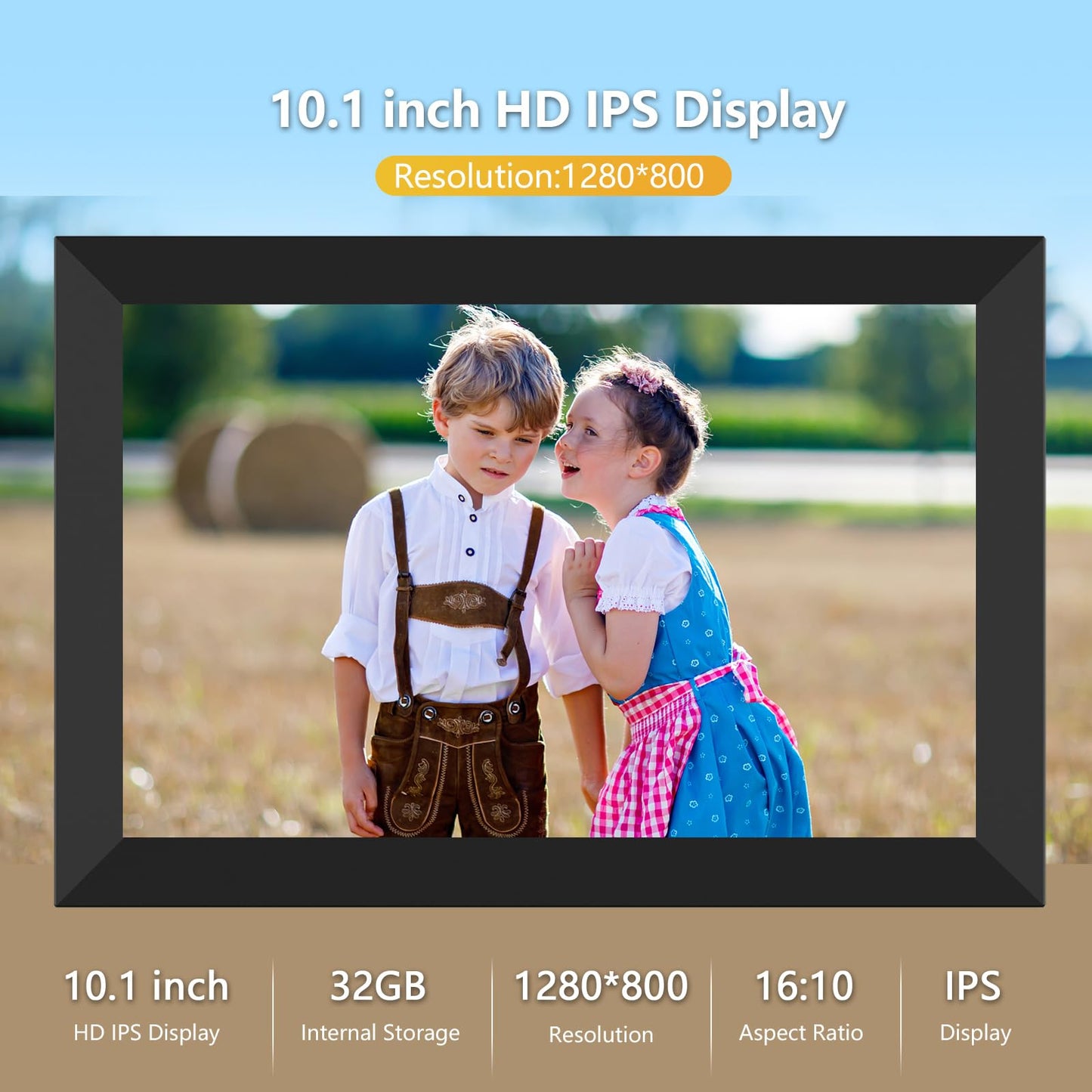 Digitaler Bilderrahmen WiFi 10,1 Zoll 1280x800 IPS LCD Touchscreen, Eingebauter 32GB Speicher Auto-Rotat, Teilen Sie Momente sofort über Frameo App von überall, Schwarz