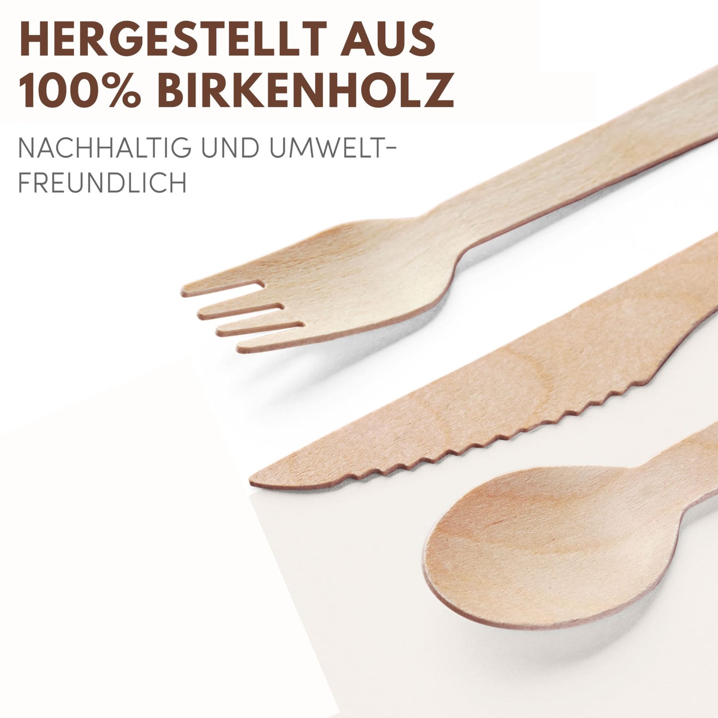 wooq Premium Holzbesteck Set 200-teilig aus Birkenholz (100 Holzgabeln, 50 Holzlöffel, 50 Holzmesser Holz Besteck) Einwegbesteck kompostierbar in wiederverschließbarer Pappbox