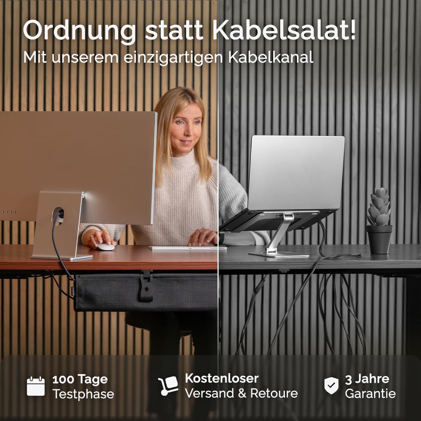 DESKSPACE® Kabelwanne Schreibtisch – Beidseitig Klappbarer Kabelkanal in Schwarz, 94 cm – Robuster Cable Organizer für Büro & Homeoffice