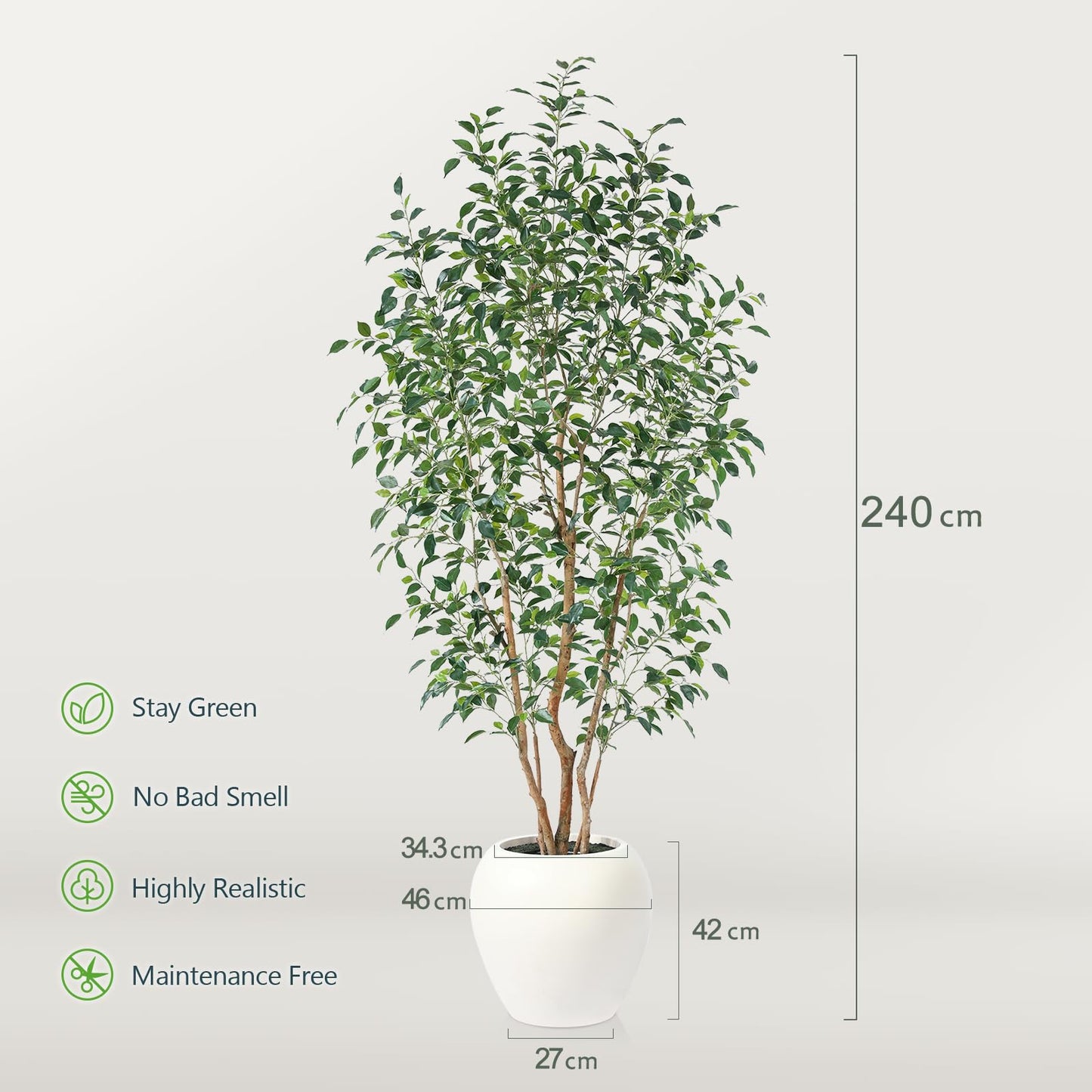 Kazeila Kunstpflanze Ficus mit Großem Weißen Topf,240cm Künstliche Pflanzen Groß, UV-beständige Plastikpflanzen für Innen- und Außendekoration(1Pack)