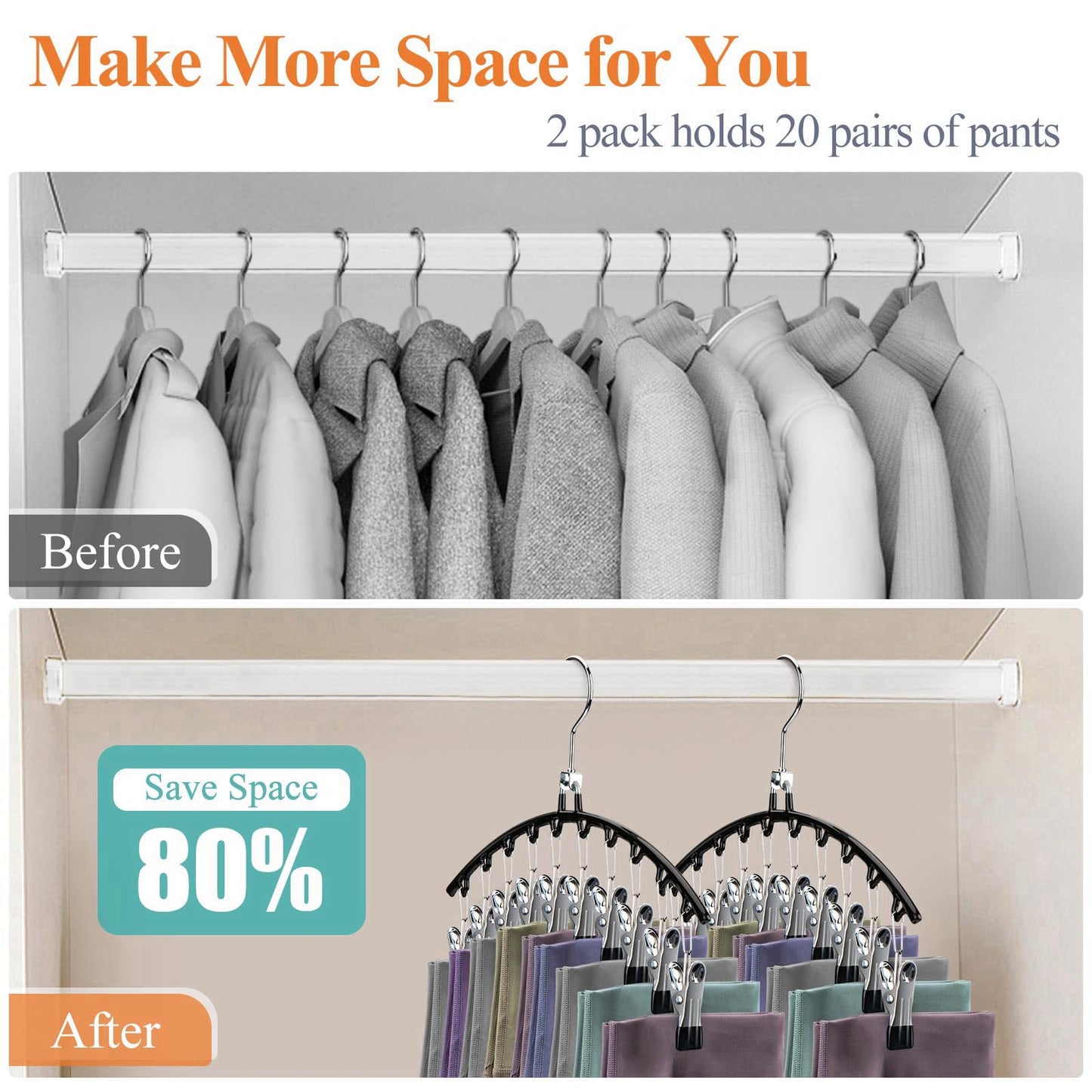 HONZUEN 2 Stück Hosenbügel Platzsparend, Metall Kleiderbügel Platzsparend für Hosen, Hosenbügel Klemmbügel, Hangers Hosen Organizer Hosenhalter für Kleiderschrank Röcke Mützen Leggings(Schwarz)