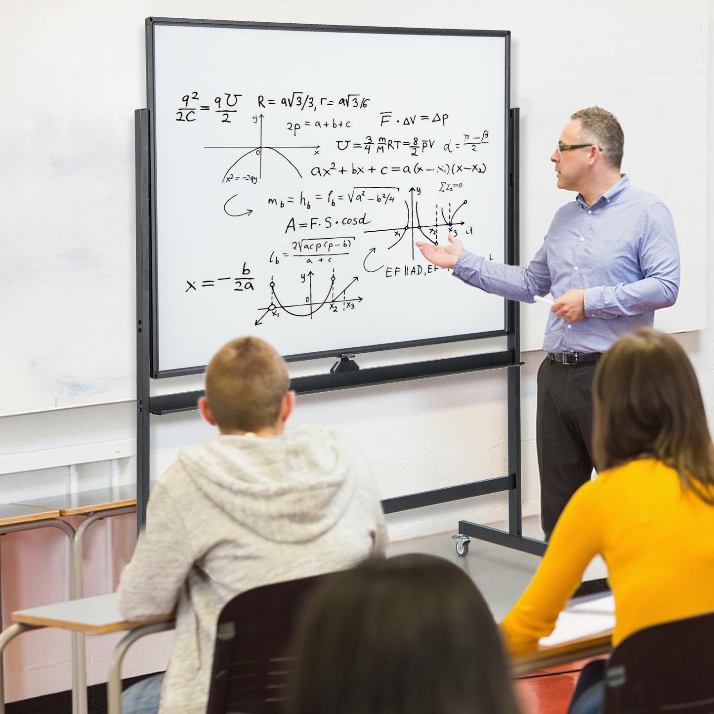 COSTWAY Doppelseitiges mobiles Whiteboard, 120 x 90 cm, Trocken abwischbares magnetisches Whiteboard mit Gittermuster, Rollen, Ständer und Stiftablage, inkl. Zubehör für Büro, Zuhause (Schwarz)