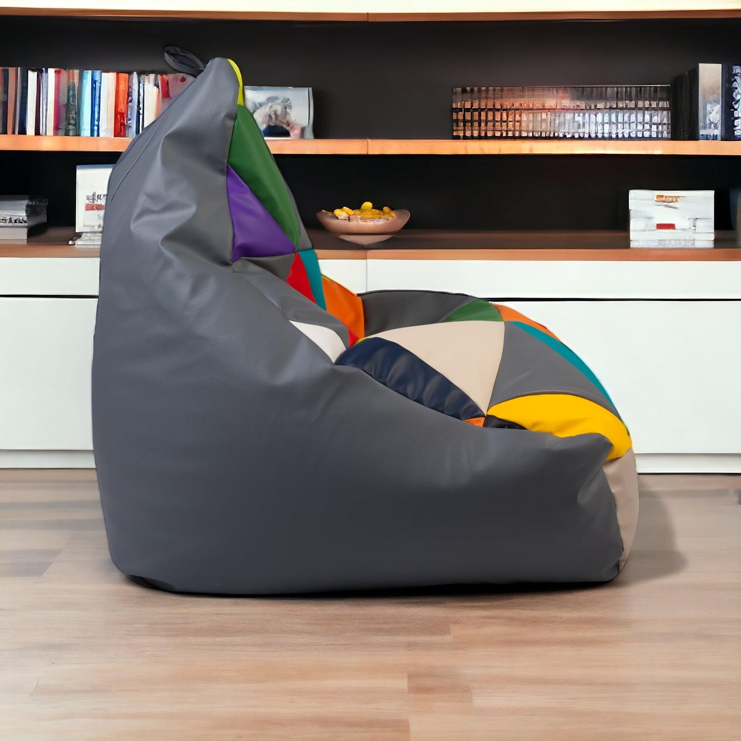 Ecopuf - Sessel Wohnzimmer - Patchwork Sacksessel Kunstleder Keiko Größe S/M - Entspannungssessel zum Sitzen - Sack Pouf mit Griff - Wohnungseinrichtung - Grau E15