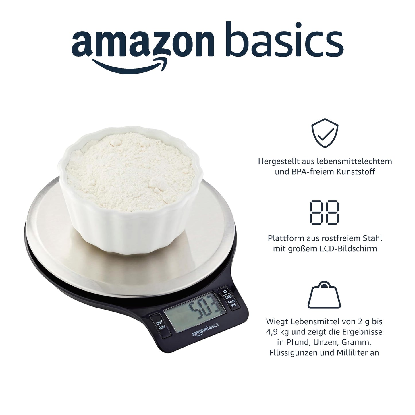 Amazon Basics Digitale Küchenwaage mit LCD-Anzeige (mit Batterien), Edelstahl, BPA-frei, Wiegt bis zu 11 Pfund, Schwarz