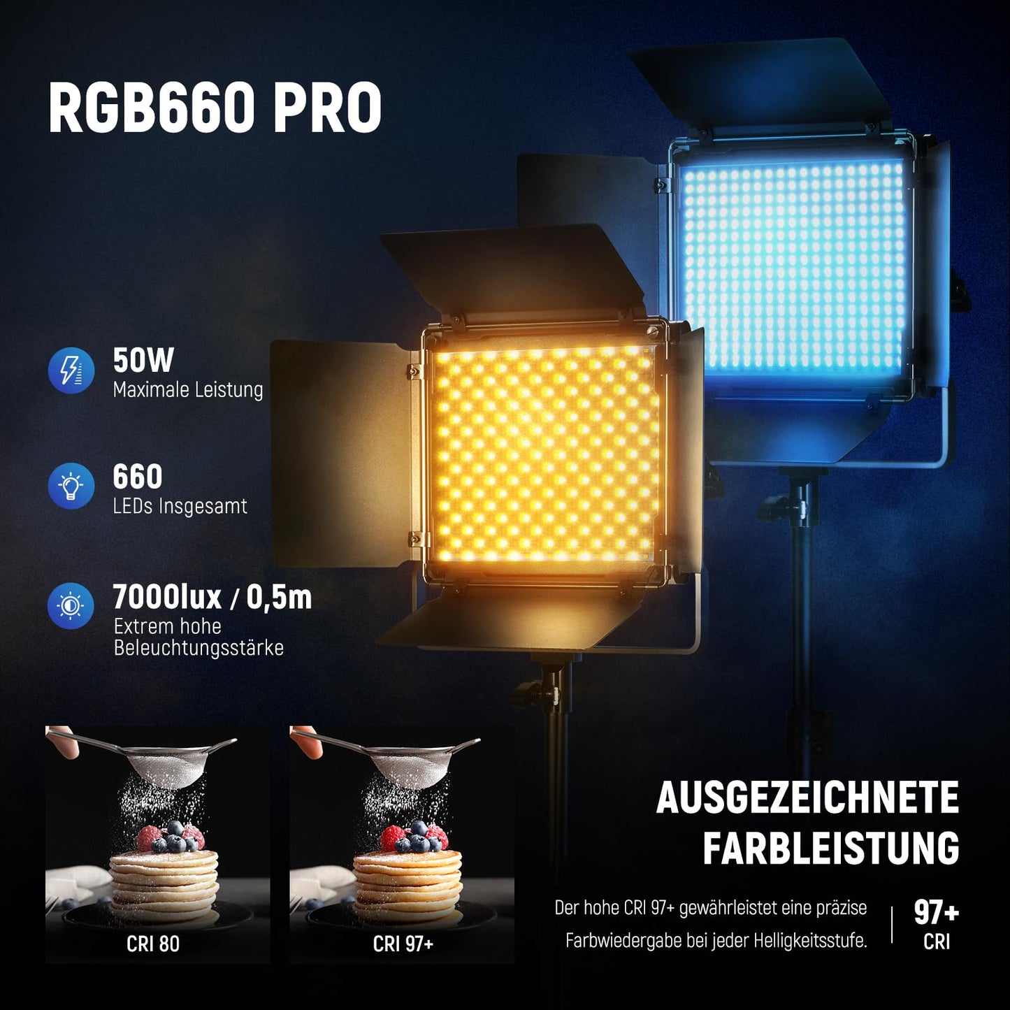 NEEWER 2 x 660 PRO RGB LED Videoleuchte Panel mit Stativ Ständer Set App Steuerung 360° Vollfarbe Videolicht 50W Dimmbar 3200~5600K CRI97+ Studio Dauerlicht Gaming/Streaming/Zoom/YTB/Webex/Fotografie