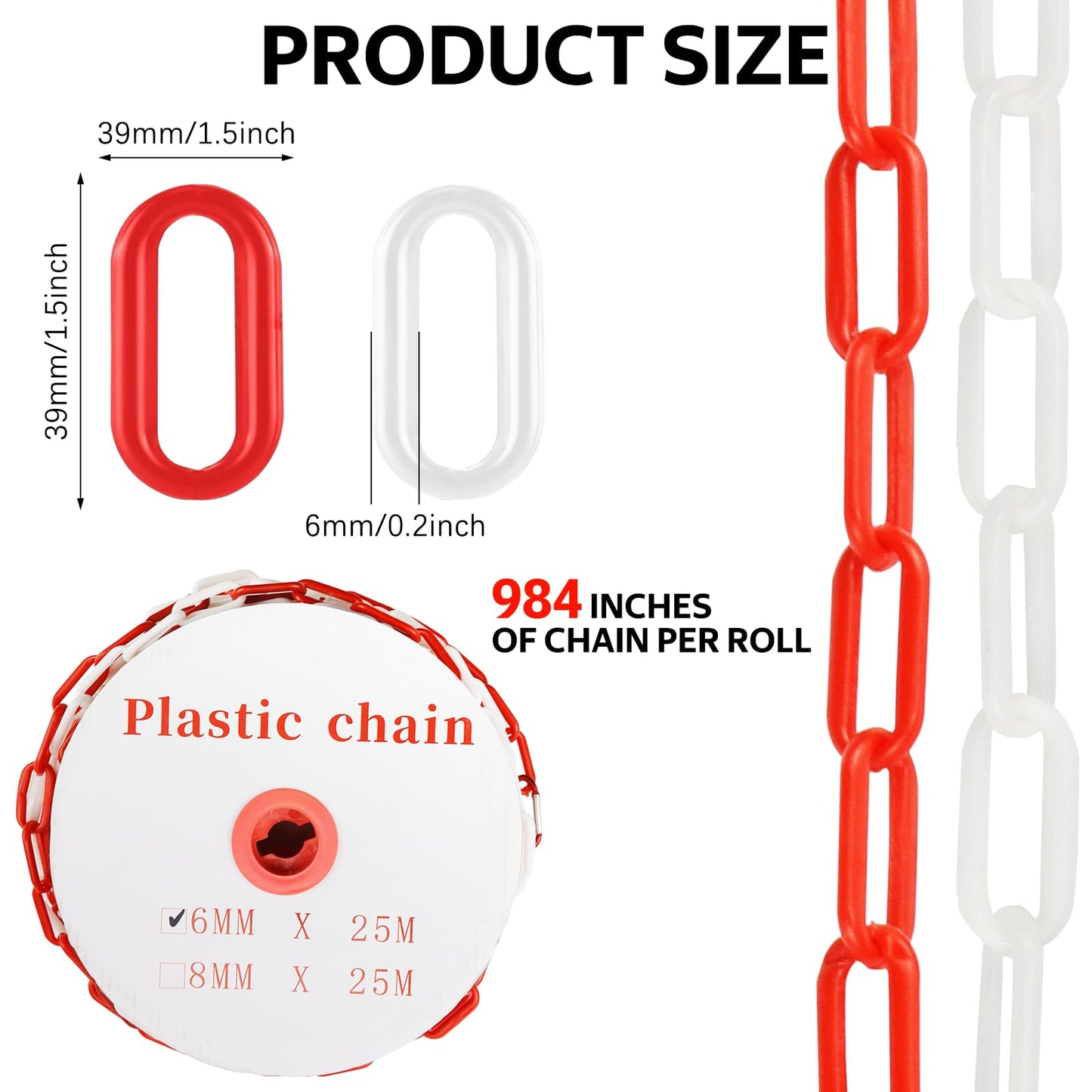 Kunststoff-Absperrkette, 25 Meter, 6 mm Stärke, Rot-Weiß (Schwarz Gelb)