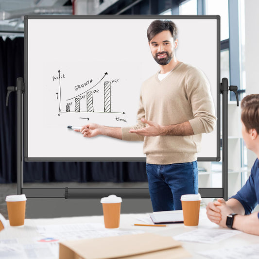 VIZ-PRO Doppelseitiges Magnetisches Mobiles Whiteboard, 120 x 90 cm, Schwarzer Aluminiumrahmen und Ständer