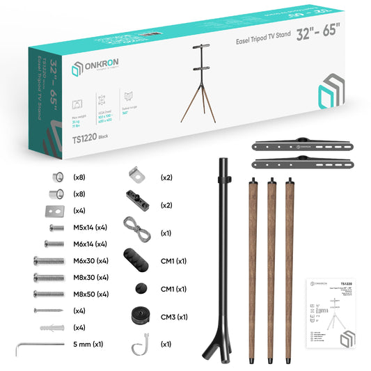 ONKRON TV Staffelei für 32-65 Zoll TV bis zu 35 kg, Fernsehständer höhenverstellbar, schwenkbar max VESA 400x400 Standfuß Fernseher Bodenständer aus Holz/TV Ständer Dreibein Schwarz TS1220-B