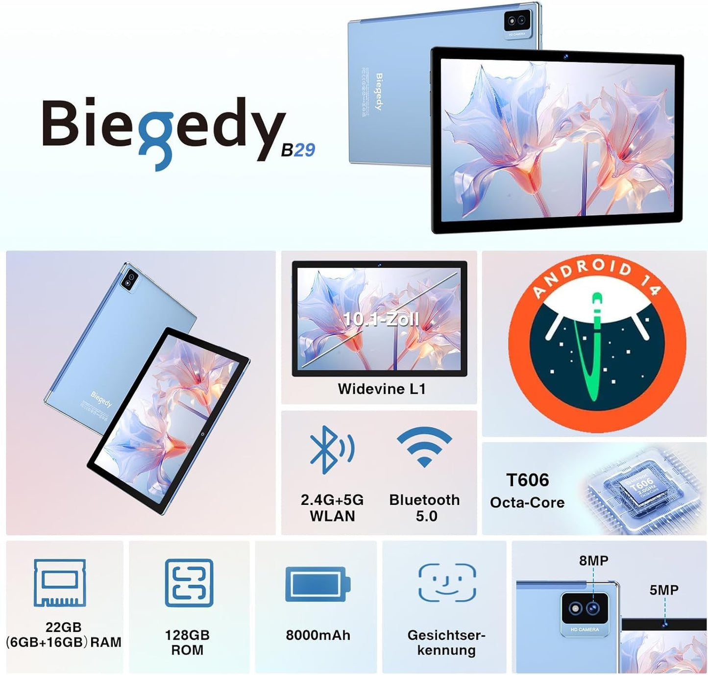 Biegedy Tablet 10 Zoll Android 14 Octa-Core, 22 GB RAM+128 GB ROM (TF1 TB),8000mAh丨Widevine L1丨GMS丨5G WLAN 6丨5MP+8MP丨Bluetooth 5.0丨1280 * 800丨Metallabdeckung Tablet mit Tastatur Maus Blau