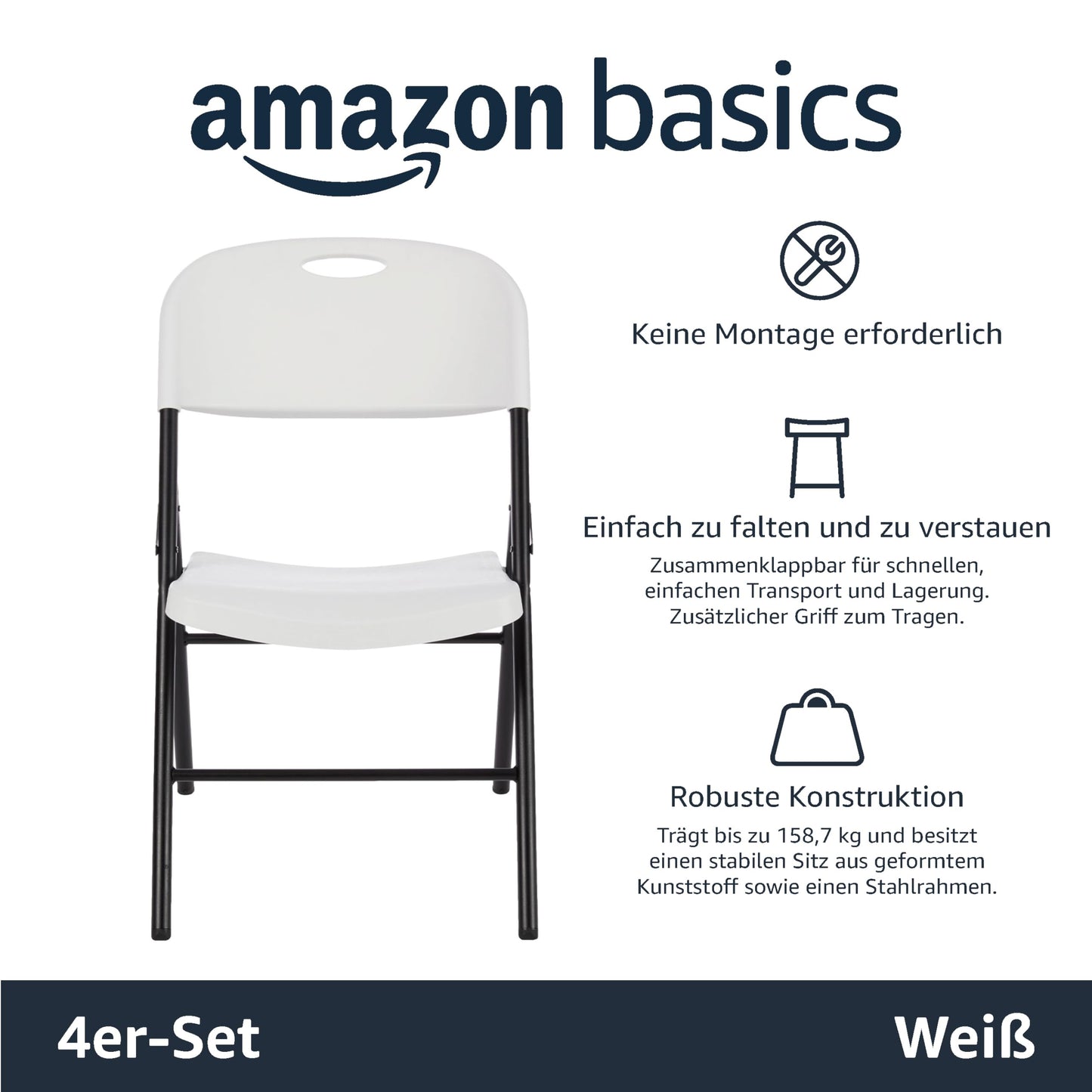 Amazon Basics Klappbarer Kunststoff-Stuhl, 157,5 kg Tragkraft, Weiß, 4 Stück