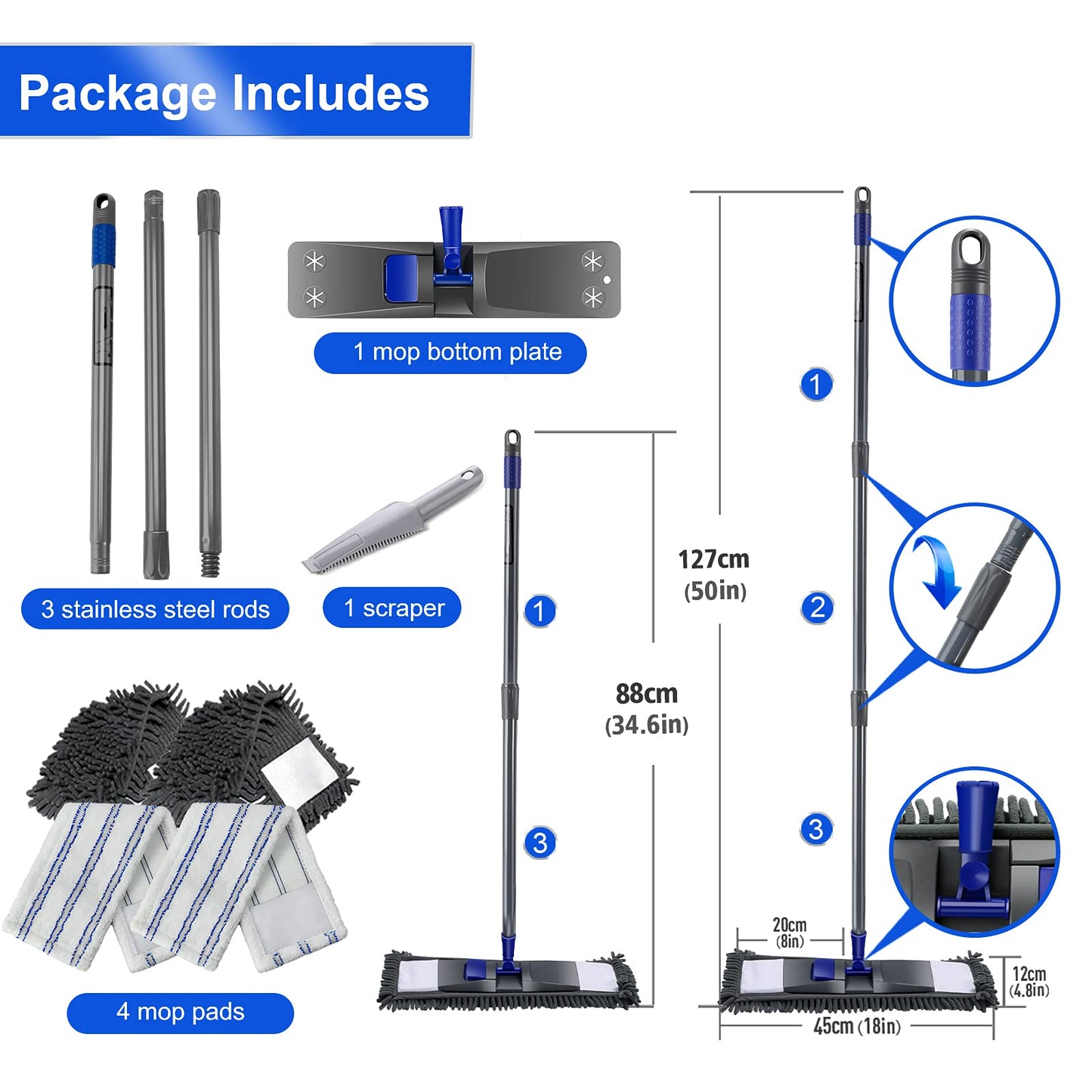 Masthome Wischmopp Bodenwischer Bodenreiniger,Mikrofaser Mopp mit 128cm Teleskopstiel,Wischer Boden Flachmopp mit 4 Moppads für Hartholz,Laminat,Fliesen,Marmor,Send Scraping Dust