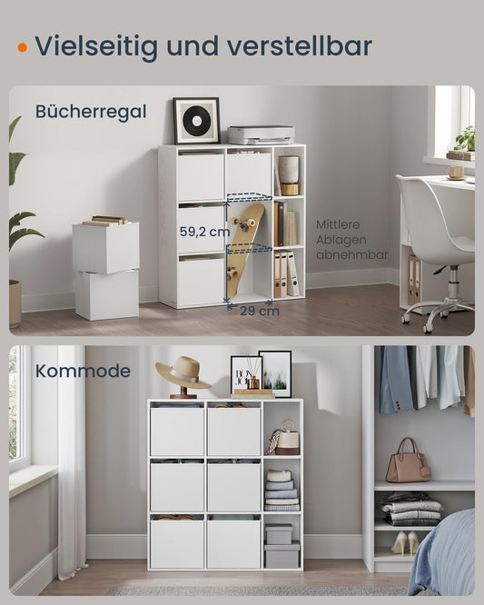 SONGMICS HOME 9-Fächer-Bücherregal, Schneeweiß, Werkzeugloses Würfelregal mit 6 Stoffschubladen, Flexibler Organizer für Wohnzimmer und Büro
