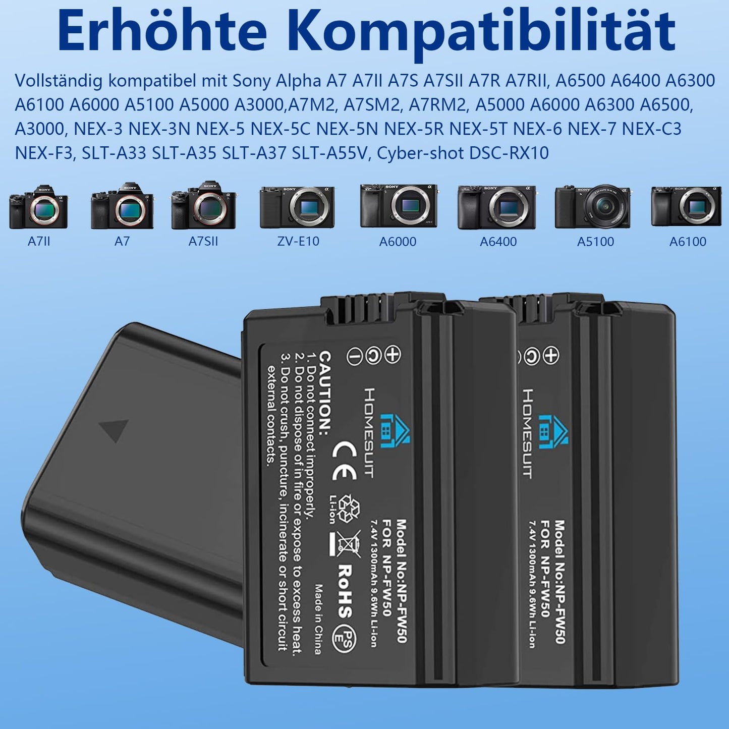 Homesuit NP-FW50 Akku 1300mAh und DREI Schlitze LCD Ladegerät Kit für Sony ZV-E10, Alpha A6000, A6500, A6300, A6400, A7II, A7RII, A7SII, A7S2, A7R, A7R2, A55, A5100, RX10 Kamera (3 Pack)