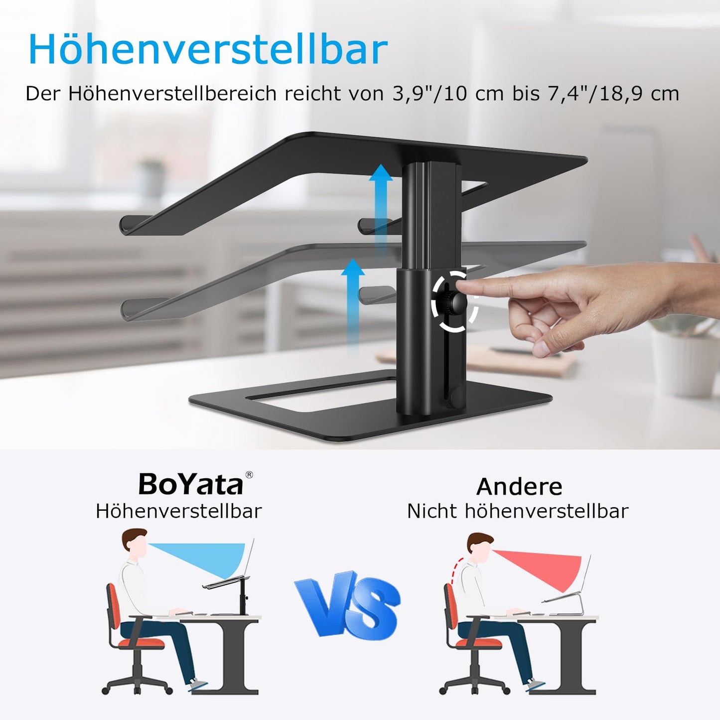 BoYata Laptopständer, Höhenverstellbarer Laptop-Riser, Belüfteter Aluminium-Notebookhalter für Schreibtisch, Kompatibel mit 10-17'' MacBook Pro/Air, Dell, HP, Samsung, Acer, ASUS Chromebook