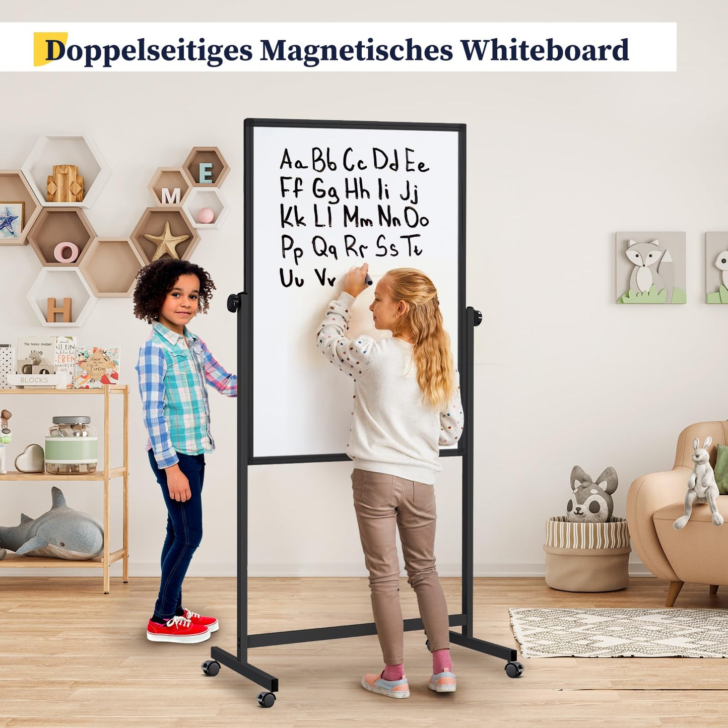 maxtek Höhenverstellbar Mobiles Whiteboard 120 x 80 cm, Doppelseitiges Magnetisches Whiteboard mit Ständer, Trocken Abwischbares Whiteboard für Büro, Klassenzimmer und Zuhause