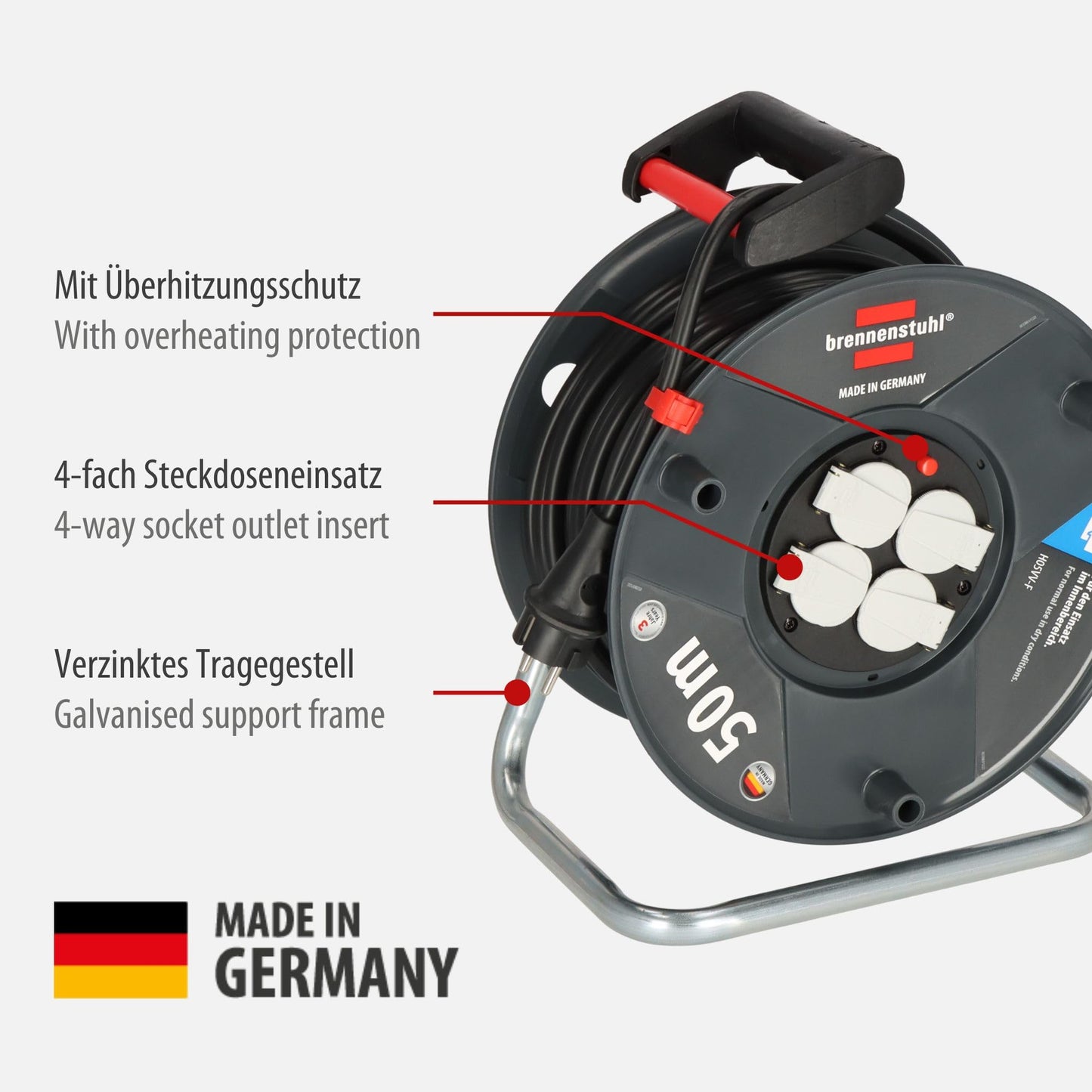 Brennenstuhl Garant V2 Kabeltrommel 50m Kabel (Made in Germany, 4 Schutzkontakt-Steckdosen, Überhitzungsschutz, Trommelkörper aus Spezialkunststoff)