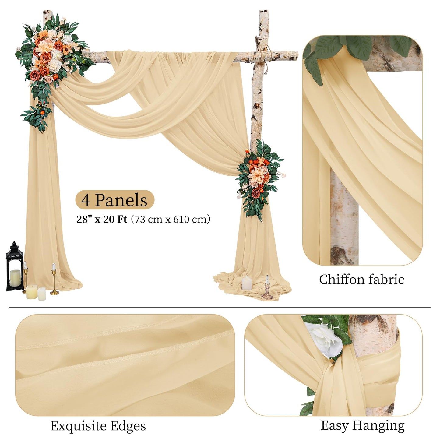 4 Packs Hochzeit Vorhang Hochzeitsbogen, Champagner Querbehang 73cmx610cm Chiffon-Stoff-Vorhang für Hochzeit, Hintergrund Deko Gardinen Vorhang für Hochzeitsbogen Zeremonie, Torbogen, Party