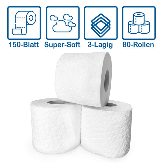80x Rollen Toilettenpapier BULK-Verpackung XXL Vorratspack 3 Lagig - Soft Premium Qualität - Keine Plastik-Umverpackung