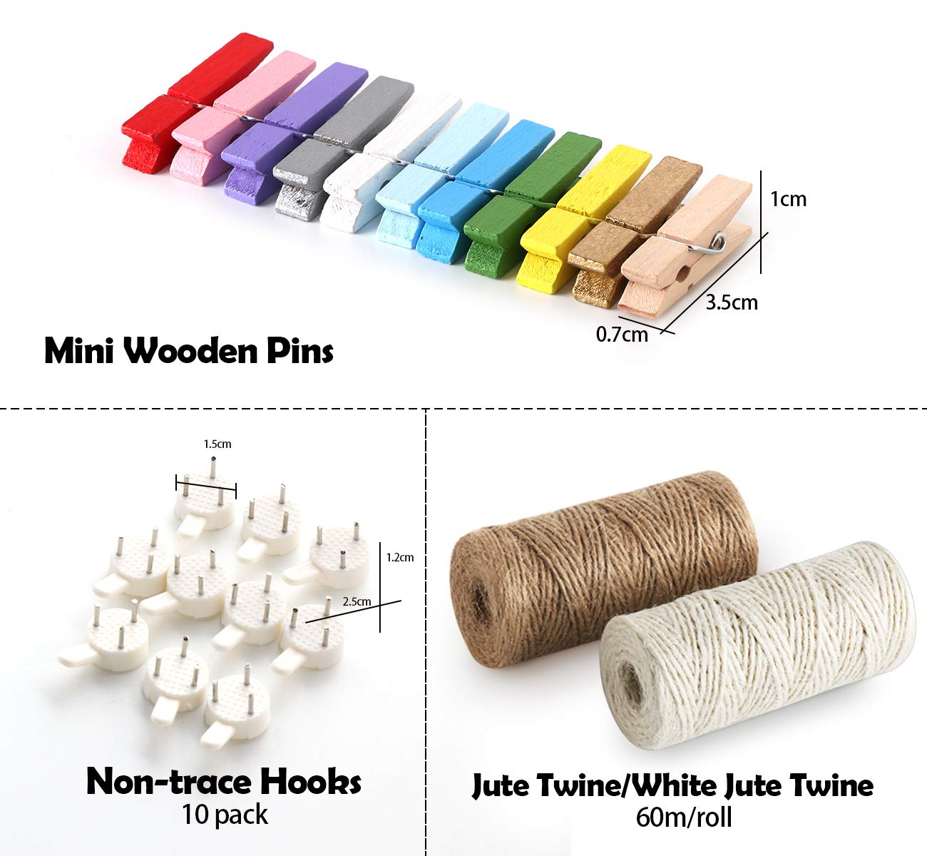 ABSOFINE 200 Wäscheklammern Holz mit 120M Garten Kordel 10 Stück Non-Trace Haken bunt Holzwäscheklammern 3,5cm Kordel Schnur Weiß Natur Juteschnur für Fotos Garten Fotowand Verpackung Gastgeschenk