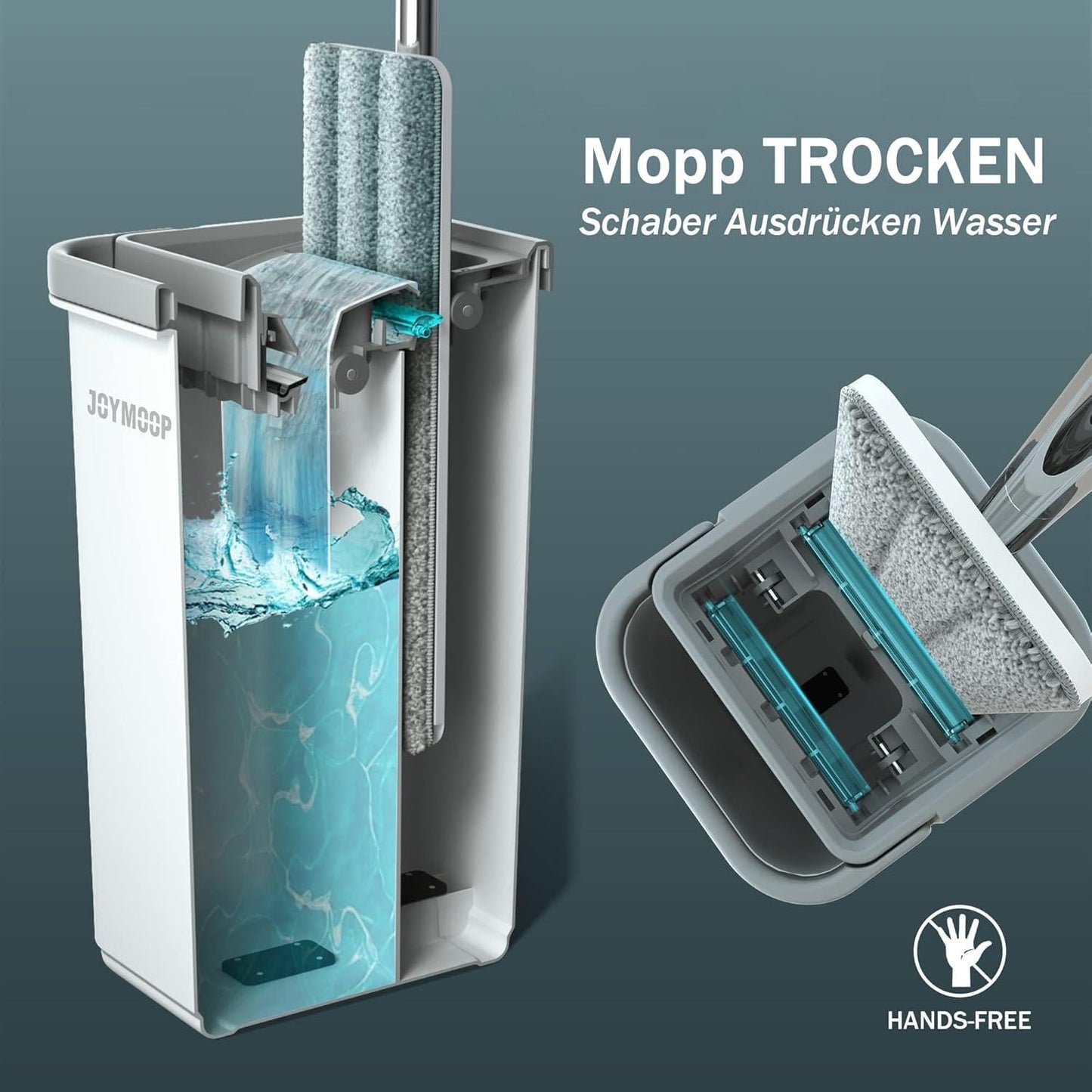 JOYMOOP Wischmopp und Eimer mit Auswringer-Set, freihändiger Flacher Bodenwischer und Eimer, mit 3 waschbaren Mikrofaser-Pads, Nass- und Trockengebrauch, Bodenreinigungssystem