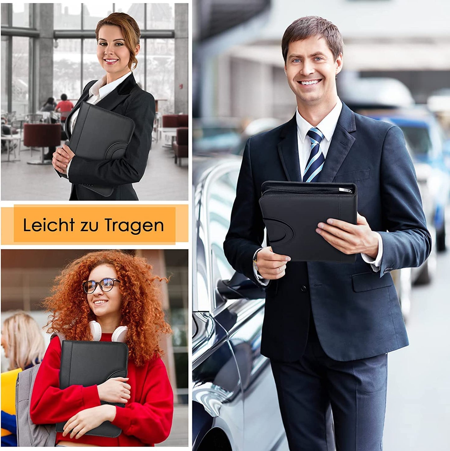 Schreibmappe A4, Konferenzmappe Leder, Dokumentenmappe mit Reißverschluss, Wasserdicht Aktenmappe mit Ringbuch Klemmbrett Notizblock, Portfolio Padfolio Mappe für Business Meeting, Schwarz