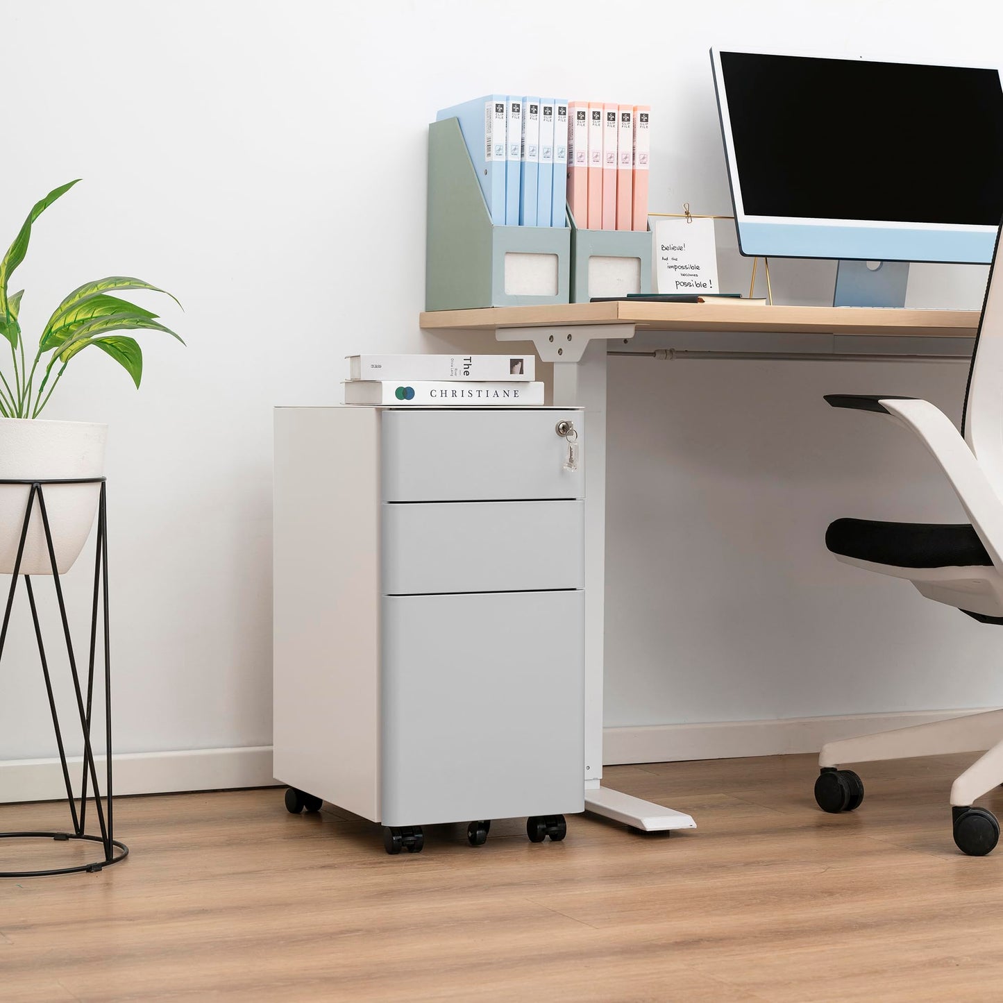 Rollcontainer mit Schubladen, Aktenschrank Abschließbar Metall, Mobiler Metallschrank für Home Office, für Rechts-/Rechtliches/Briefgröße, Komplett Montiert, Aktenschrank Weiß + Grau