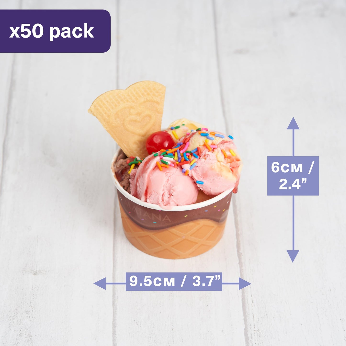 MATANA 50 Eisbecher aus Pappe für Partys & Kindergeburtstags (240ml) - Eiswaffel Design - Waffelbecher, Eisschalen, Dessertschalen Einweg, Eisbecher Waffel, Eis Pappbecher