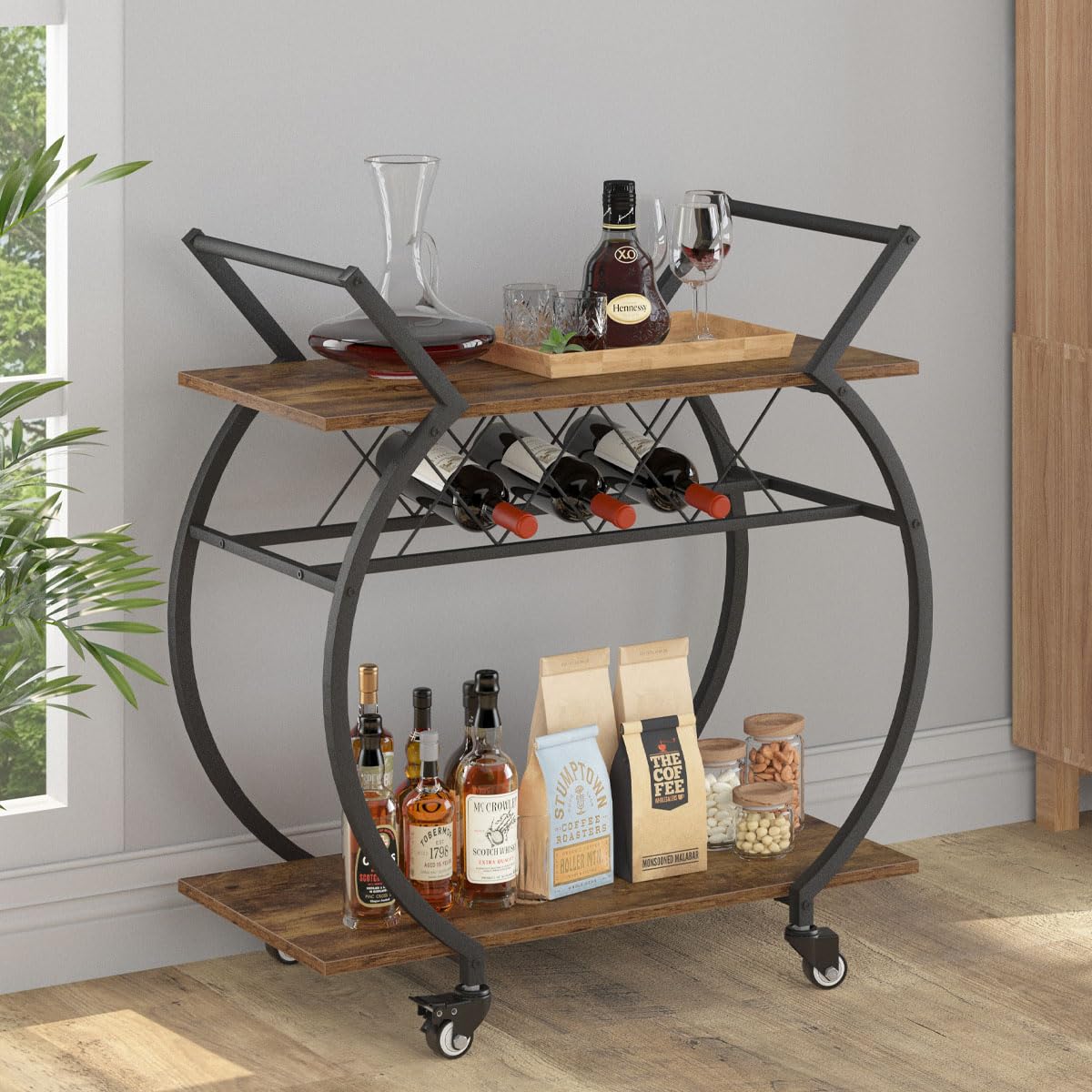Mudmasa Servierwagen mit Rollen, Küchenrollwagen mit Weinflaschregalen, Mobiler Getränkewagen Barwagen mit Rädern für Küche, Esszimmer, Bar, Industrie, 76B x 40.5T x 84H cm, Vintagebraun-Schwarz