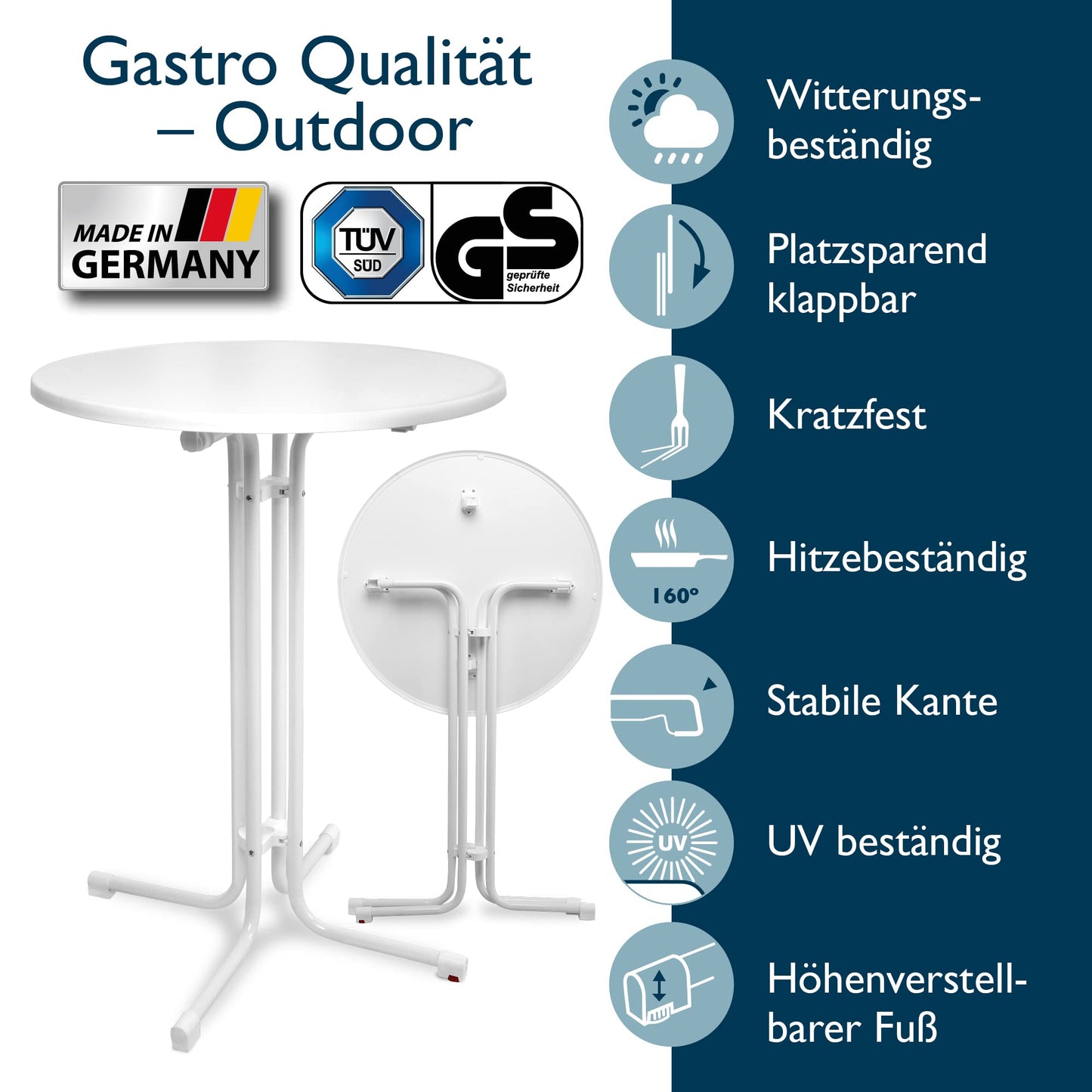 Beautissu Stehtisch Klappbar 70 cm Sylt – Stehtisch Outdoor Wetterbeständig Hitzebeständig – Klapptisch Kratzfest Partytisch höhenverstellbar leichte Montage TÜV – Bistrotisch Rund Weiß