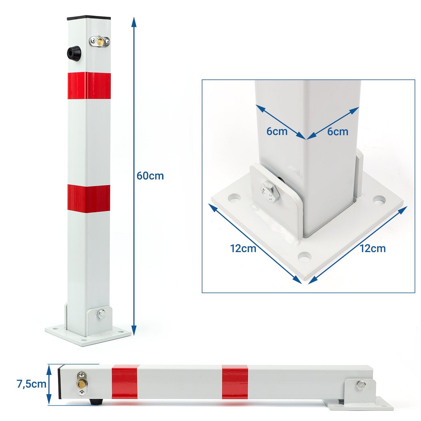 Parkpfosten klappbar – Parkplatzsperre 60x60x600 mm – Absperrpfosten Parkwatch Parkplatzbügel, Absperrung für Stellplatz, Stahl, weiß/rot, klappbarer Pfosten für private Parkplätze (SN1803-1 Stück)