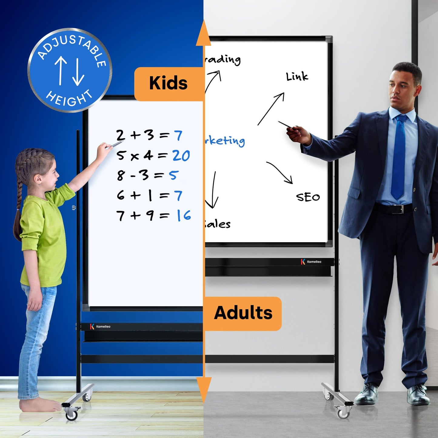 Rollendes magnetisches Whiteboard 60 x 120 cm - großes tragbares Whiteboard mit Ständer - doppelseitiges Whiteboard mit Rädern - mobiles Whiteboard für Büro, Klassenzimmer und Zuhause