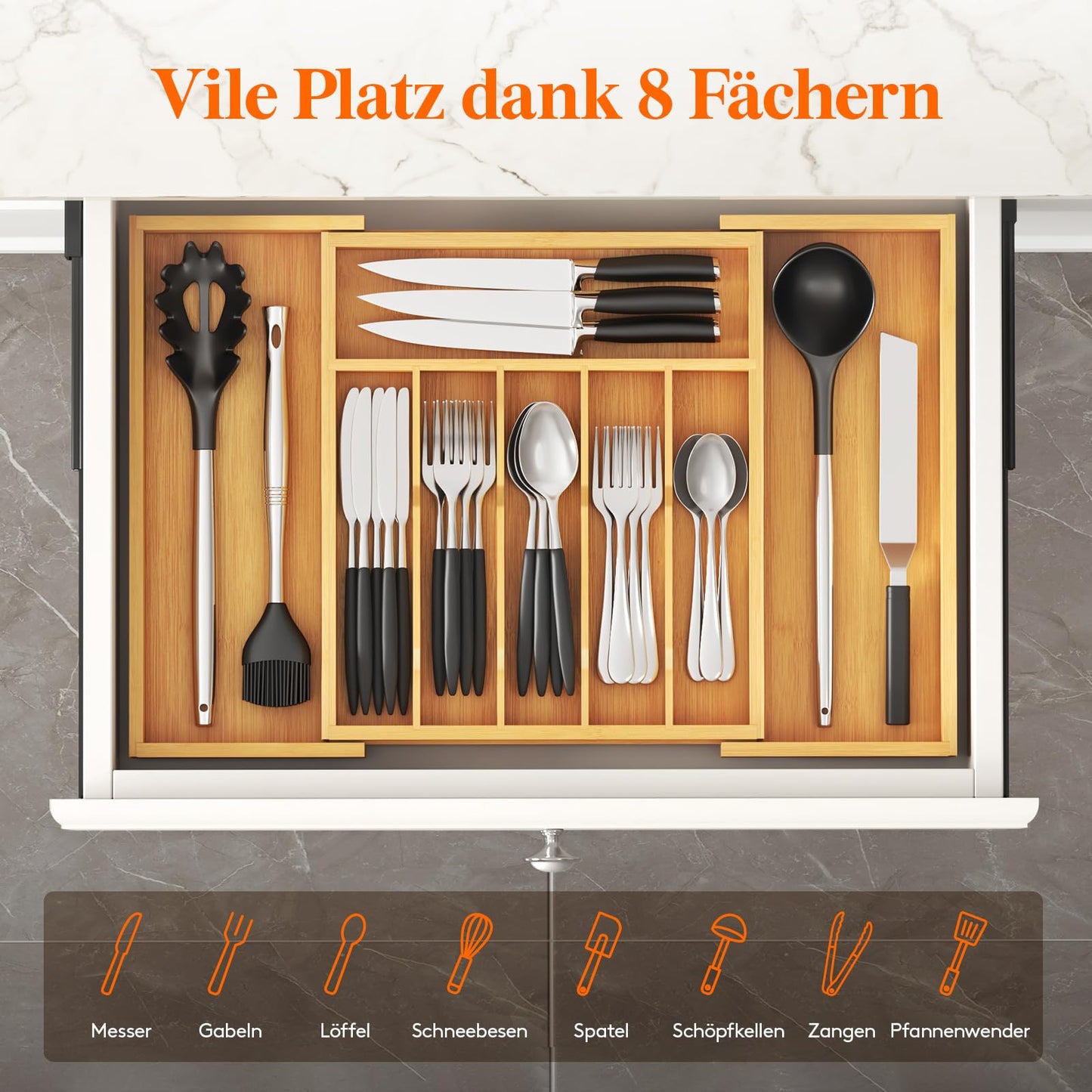 Lifewit Besteckhalter, Erweiterbarer Utensilienhalter für Schublade, Verstellbarer Besteckkasten, Kompakt Besteckeinsatz für Schubladen aus Bambus für Löffel, Gabeln, Messer, Groß, Naturfarbe