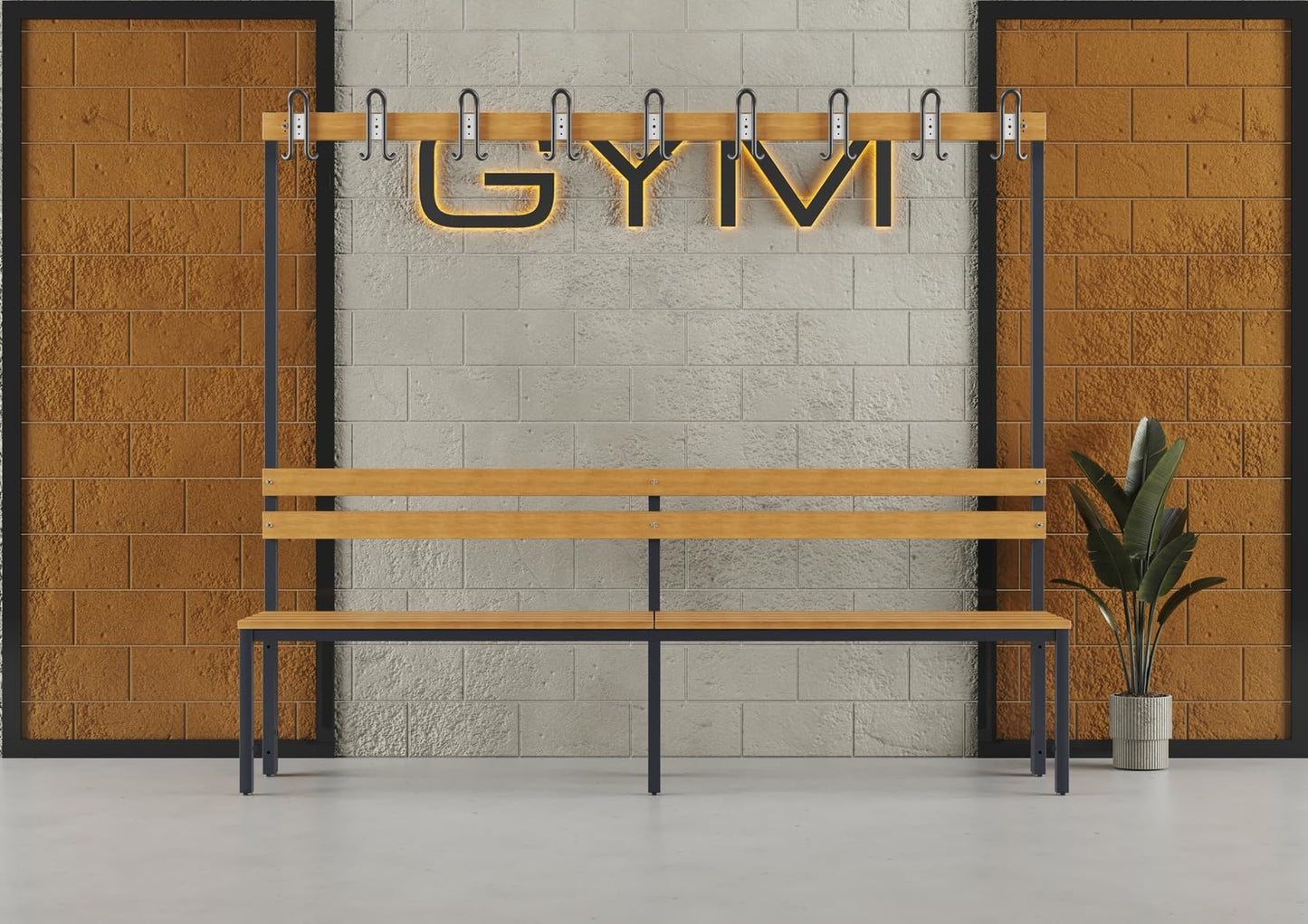 furni24 Umkleidesitzbank mit Stahlrahmen, Garderobenbank Sportraum Bank für Fitnessstudio Buche Echtholz, lackierter, Hakenleiste und TÜV/GS getestet - 200 cm Einseitige - Anthrazit