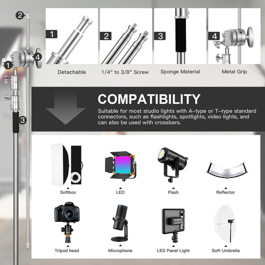 Soonpho 2-Pack C Stand Set Stativ Heavy-Duty Stahl C Ständer aus Edelstahl Silber 330 cm Verstellbares Lichtständer für Studio Softbox Reflektor Lichtstativ für Godox AD200 Pro SK400II Aputure 120D