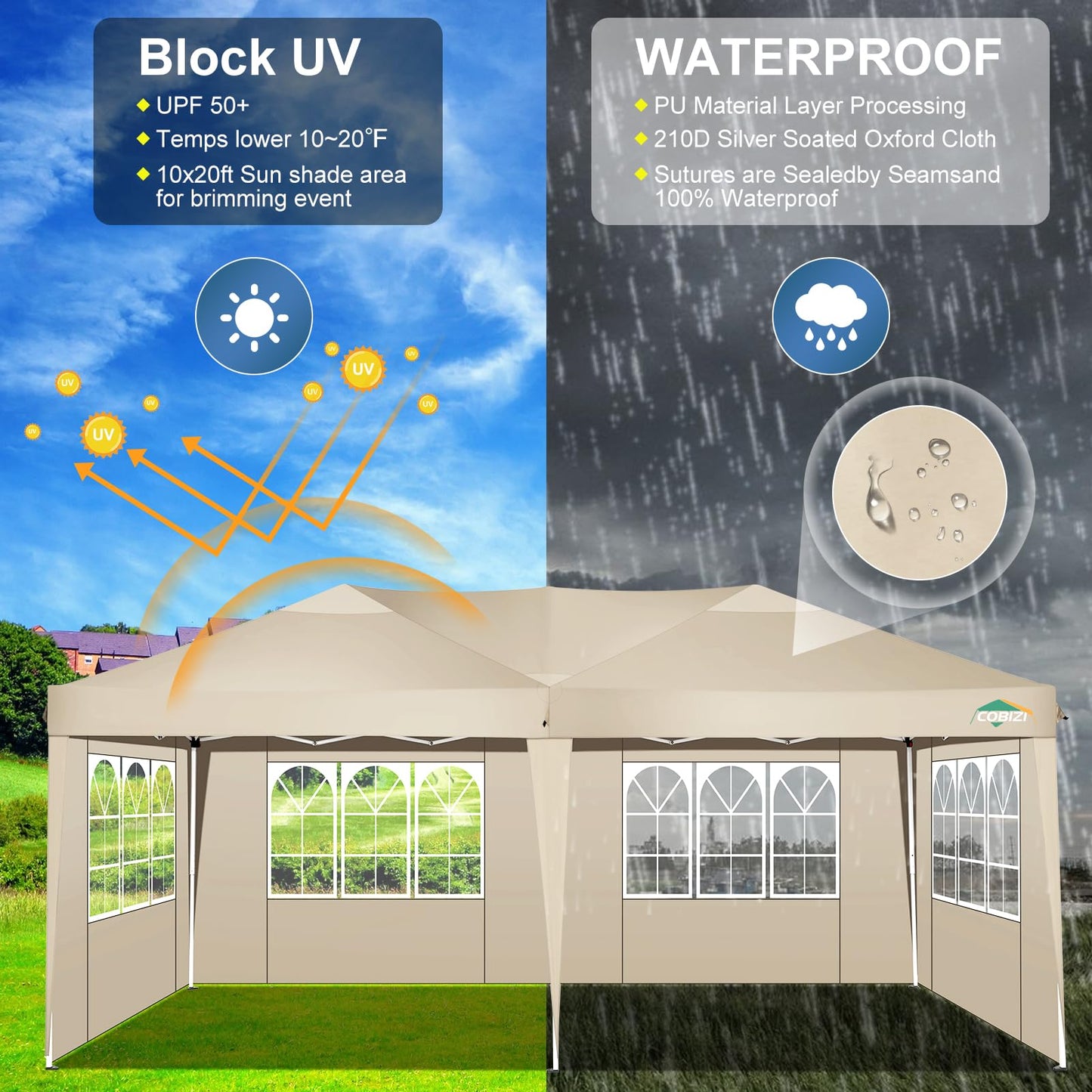 COBIZI Faltpavillon 3x6 Pavillon wasserdicht Winterfest, Pop Up Pavillon Klappbar 3x6 Zelt mit 6 Seitenwnden|3 Höhenverstellbar|UV-Schutz|Gardenpavillon Partyzelt 3x6 für Markt, Freien Event, Khaki