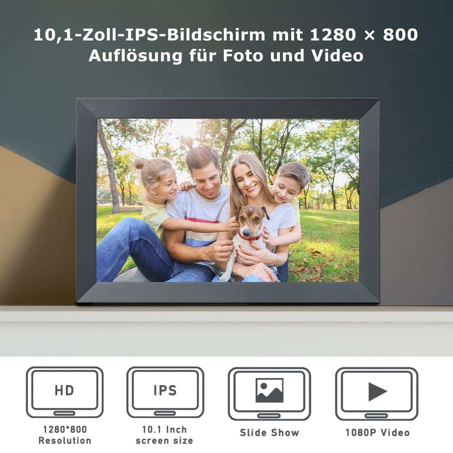 Aorpdd Digitaler Bilderrahmen WLAN 10.1 Zoll, HD IPS-Touchscreen Elektronischer Bilderrahmen mit 32 GB Speicher, Automatische Drehung, Teilen von Fotos oder Videos überall über Frameo App
