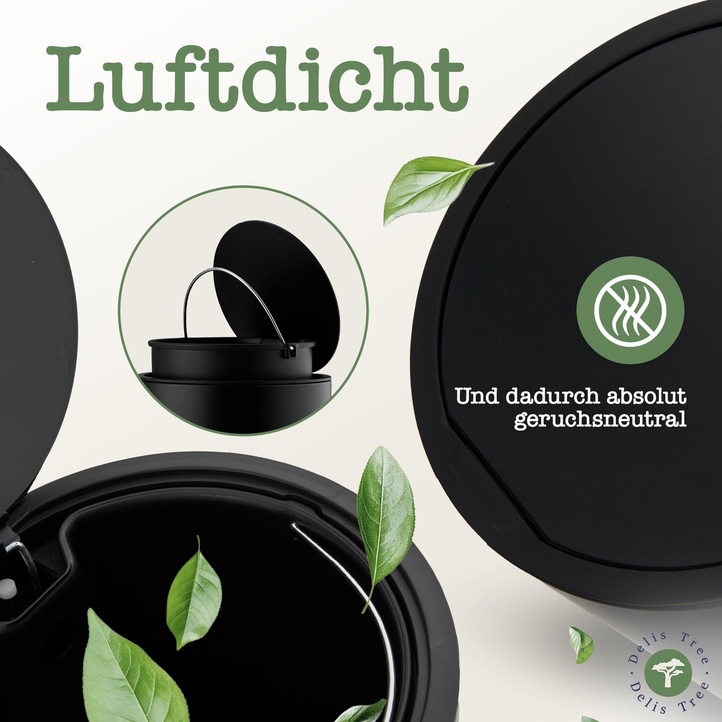 Delis Tree Mülleimer 5L, Tretmülleimer mit edlem Design & Softclose, Anti-Geruch Abfalleimer, für Bad Badezimmer Toilette Küche Büro, Müll Eimer Trash Haushalt Kosmetik Mülltonne Inneneimer (Schwarz)