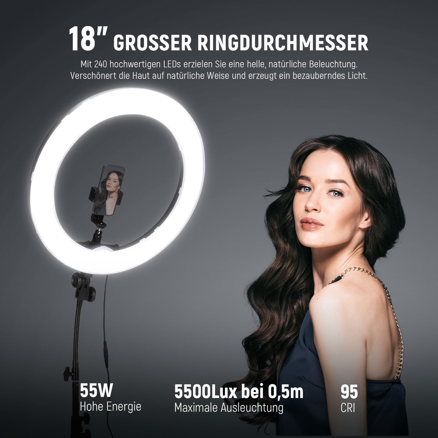 NEEWER Ringlicht mit Stativ Set: 18 Zoll/45cm Außen 55W 5600K Dimmbare LED Ringleuchte mit Bluetooth Fernbedienung für Handy/Kamera für YouTube TikTok Self Porträt Foto, Tätowierer, Make up, Salons