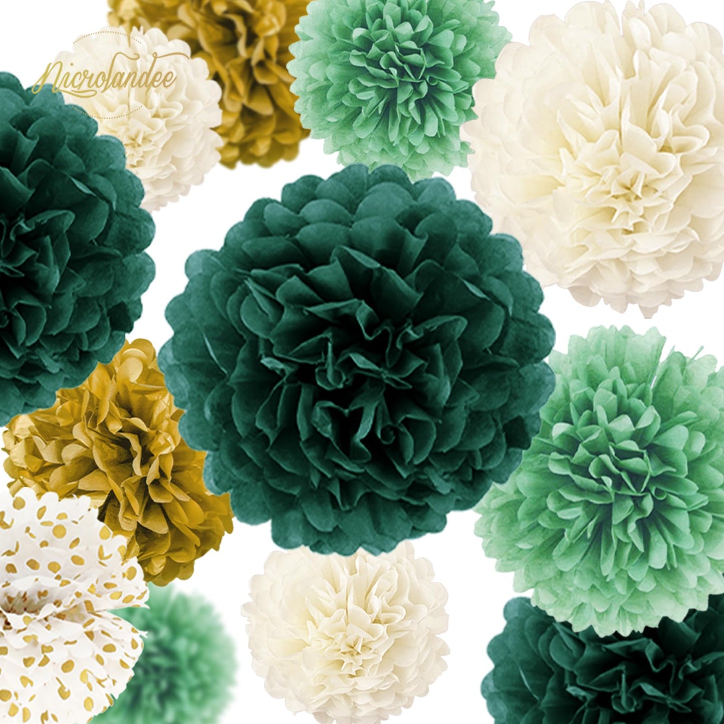 NICROLANDEE Seidenpapier Pompons Deko 15 Stück, Waldgrün Tissue Papier Pom Poms und Dots Papier Girlande, Party Dekorationen für Hochzeit, Babyparty Deko, Abschlussball, Geburtstag, Gartenparty deko