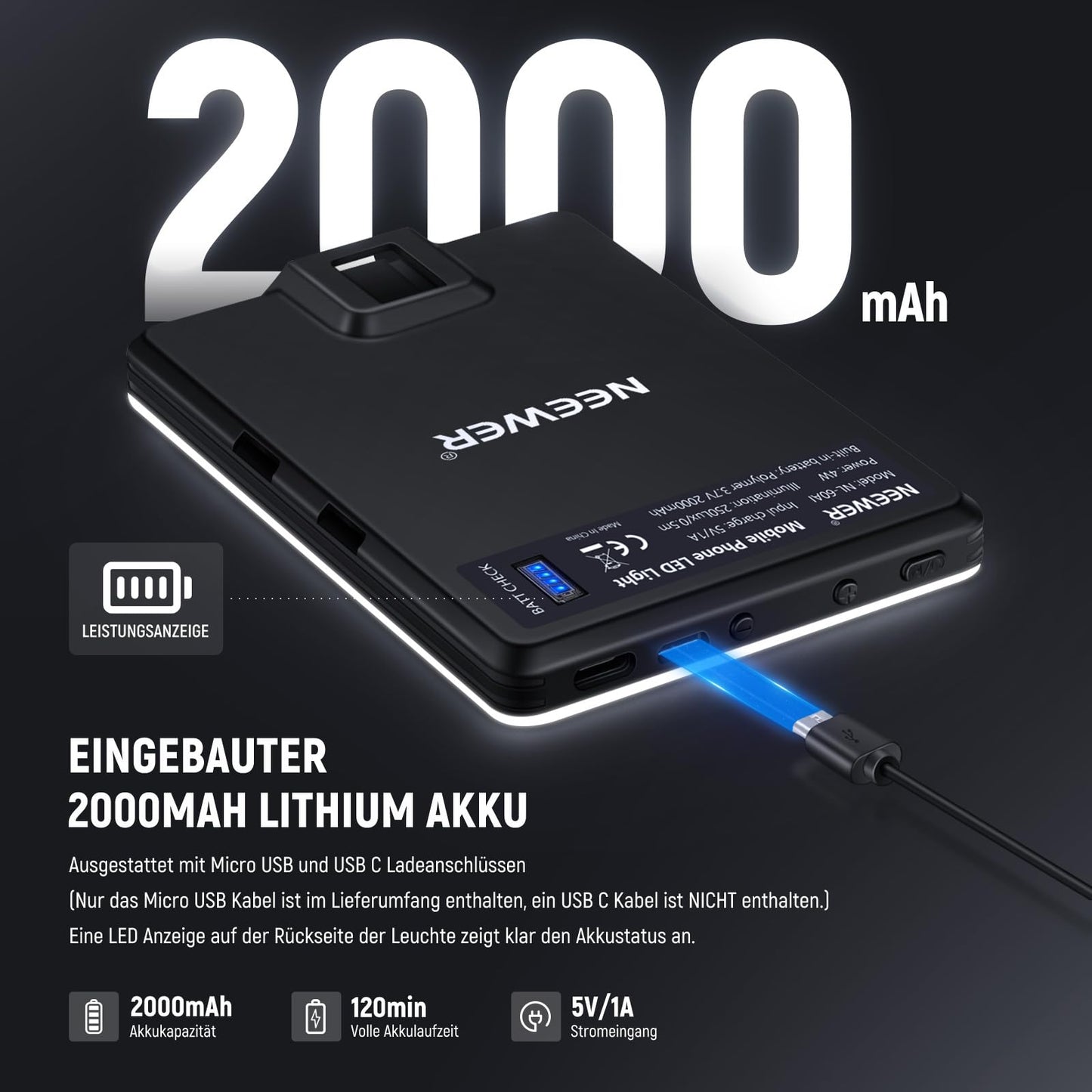 NEEWER Basic Clip On Selfie Licht kompatibel mit iPhone, 2000mAh wiederaufladbares LED Videolicht mit Handy Clamp für Computer Webcam, Laptop, Zoom Videokonferenzen, Make up Fotografie, NL-60AI