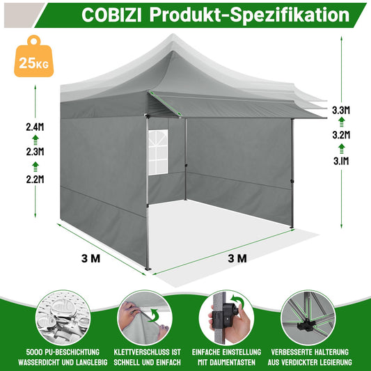 COBIZI Faltpavillon Pavillon 3x3 mit 23 SF Erweiterte Markise Wasserdicht Stabil Winterfest, Faltpavillon Partyzelt mit 3 Seitenwand, Robuster Gartenpavillon für Märkte, Partys und Events, Grau