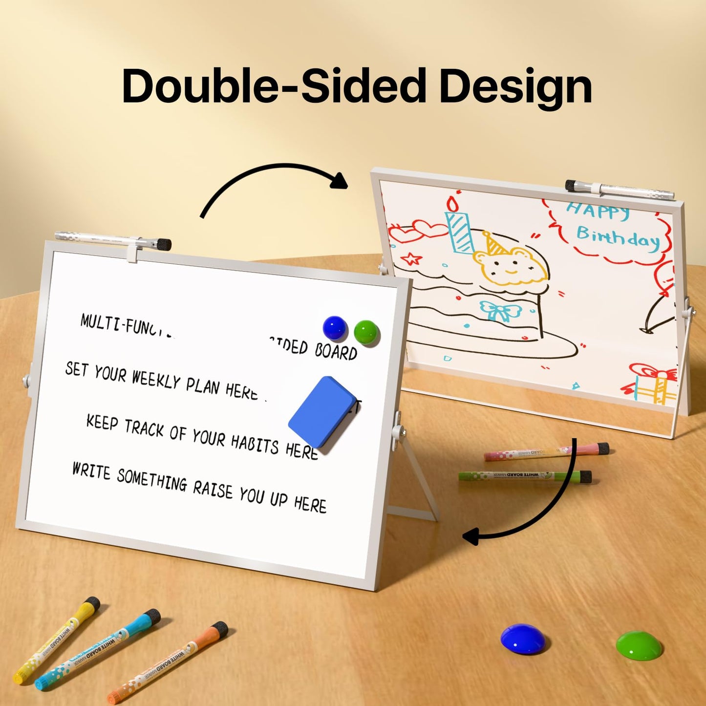 Marsrock Mini-Whiteboard A3 mit Ständer, zweiseitig, 30x40 cm, inkl. 10 Marker, 6 Magnete, 1 Schwamm. Tragbares Tisch-Whiteboard für Planung, kleines magnetisches Whiteboard für Schule und Zuhause