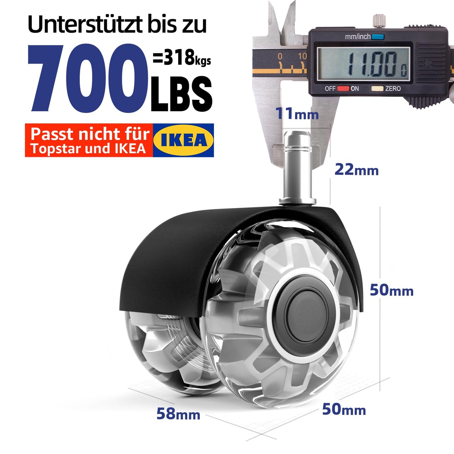 Sytopia Bürostuhl Rollen 11mm x 22 mm, 5er Set Rollen für Bürostühle, Super Leise und Weiche für Hartböden, Parkett, Teppich, Laminat, Keine Bodenschutzmatte Nötig (Passt nicht für 10mm Stift)