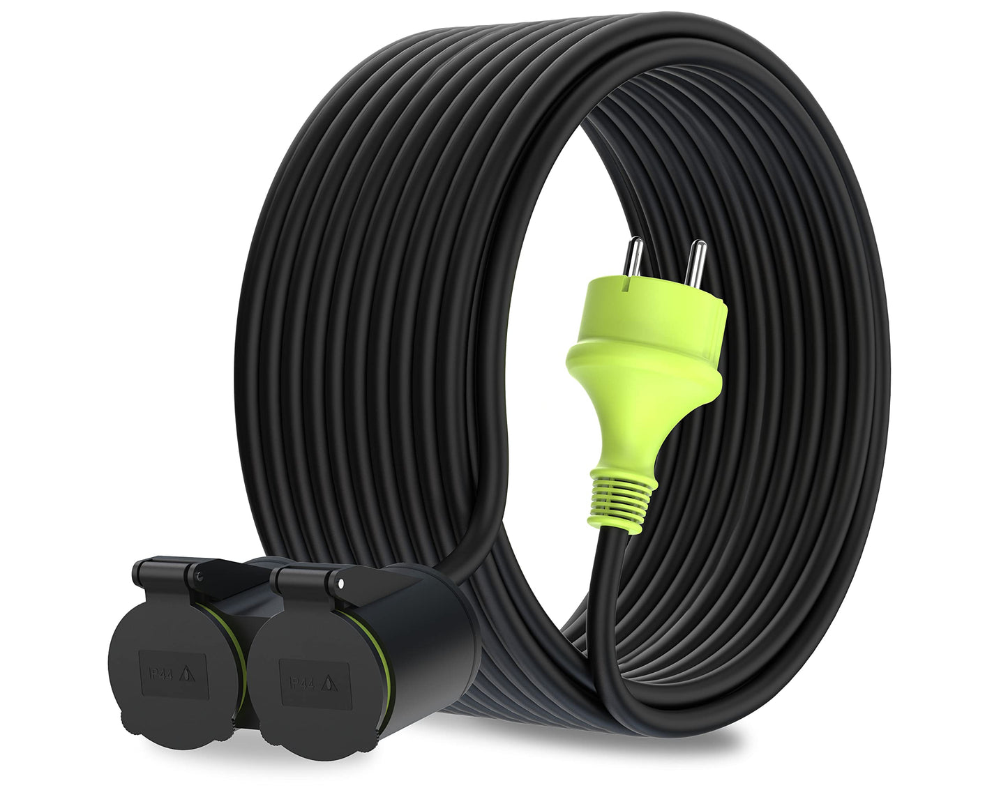 MutecPower 20m Verlängerungskabel mit 2 schuko steckdosen für den aussenbereich IP44 H05RR-F3G 1,5mm² doppel-verlängerung mit 2 schutzkontakt buchsen 2-Fach Outdoor verteiler 20 Meter schwarz/grün