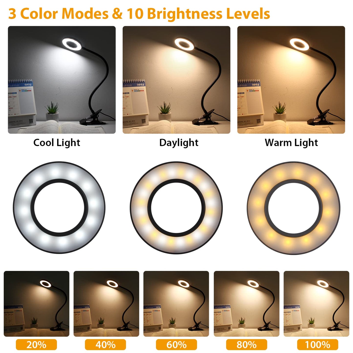 TBTeek LED Klemmleuchten, 48 LED Leselampe Bett Klemmbar, Augenpflege Schreibtischlampe, 3 Modi & 10 Dimmstufen, Klemmleuchte für Büro Heimgebrauch, CE Adapter Enthalten, Schwarz