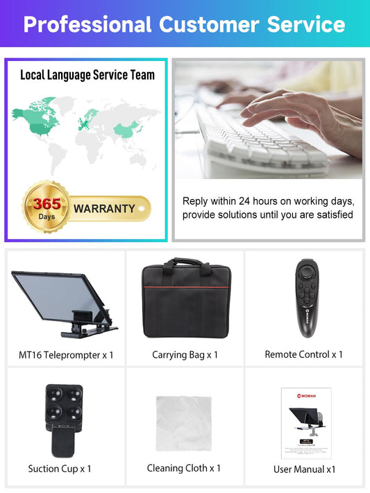 Moman MT16 Teleprompter 16 Zoll – Professioneller Video-Prompter für iPad, Tablet & Smartphone mit App-Steuerung und Fernbedienung für DSLR/Videokameras