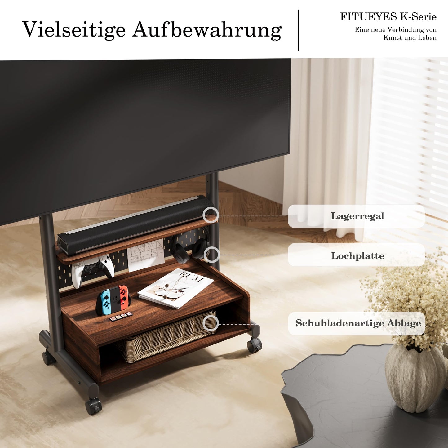 FITUEYES TV Ständer Rollbar Fernsehständer mit Rollen Bodenständer TV Rollwagen für 40-85 Zoll Fernseher höhenverstellbar hoch Max 60KG VESA 600x400 mm