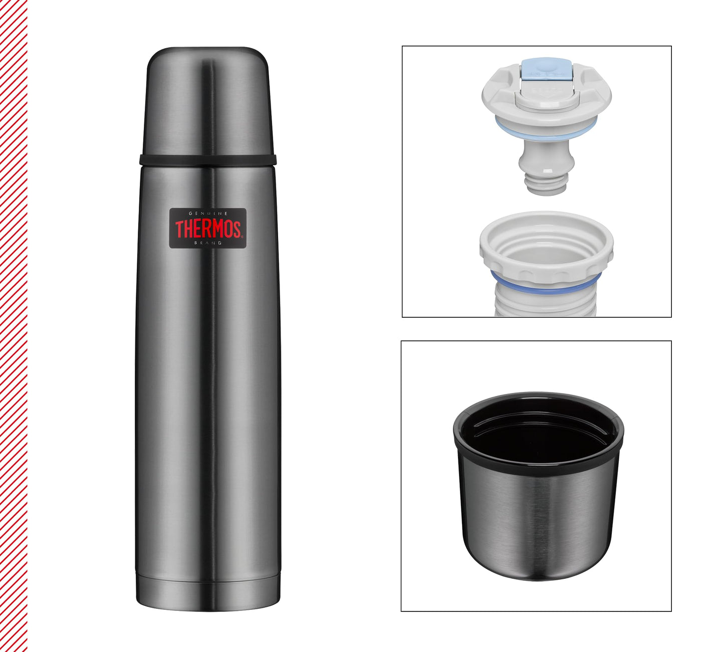 THERMOS LIGHT & COMPACT BEVERAGE BOTTLE 1l, stone grey, Thermosflasche Edelstahl, Isolierflasche grau mit Trinkbecher, 24 h heiß / 24 h kalt, spülmaschinenfest, absolut dicht, BPA-frei